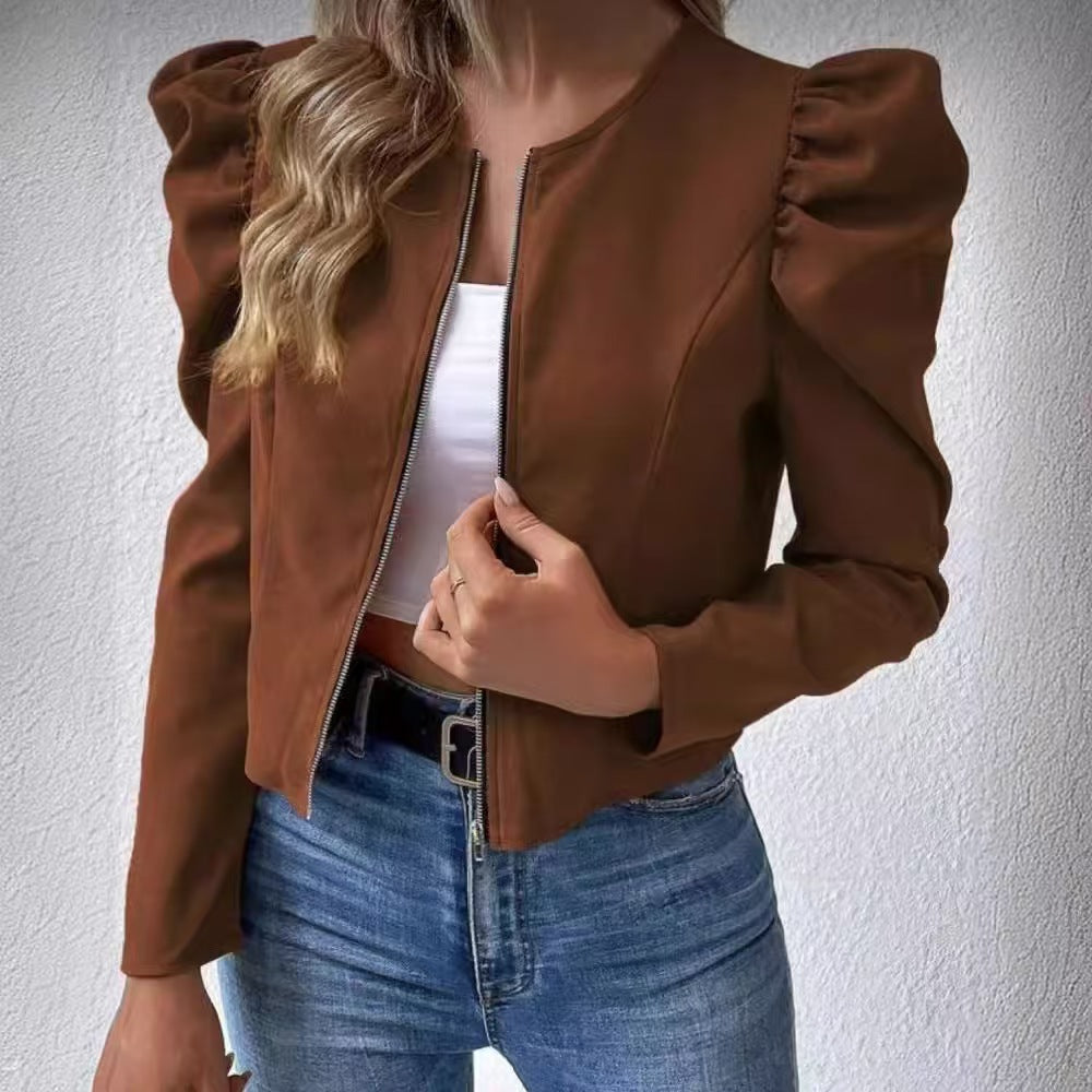 Cardigan da donna girocollo con zip e maniche a sbuffo