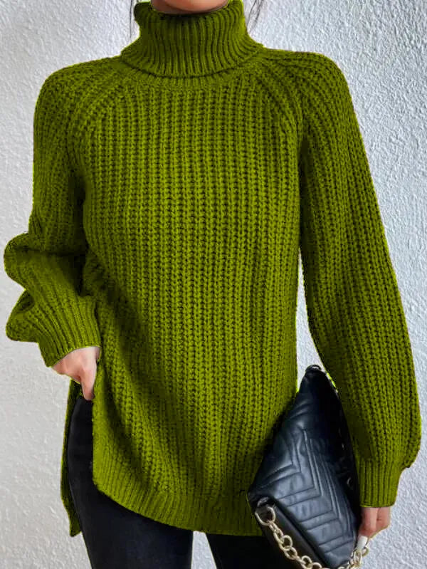 Maglione dolcevita da donna con maniche raglan e orlo spaccato