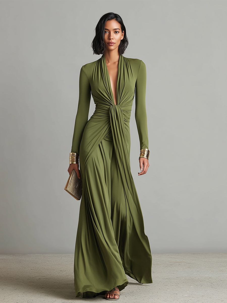 Abito maxi da donna con scollo a V profondo - Elegante e fluido