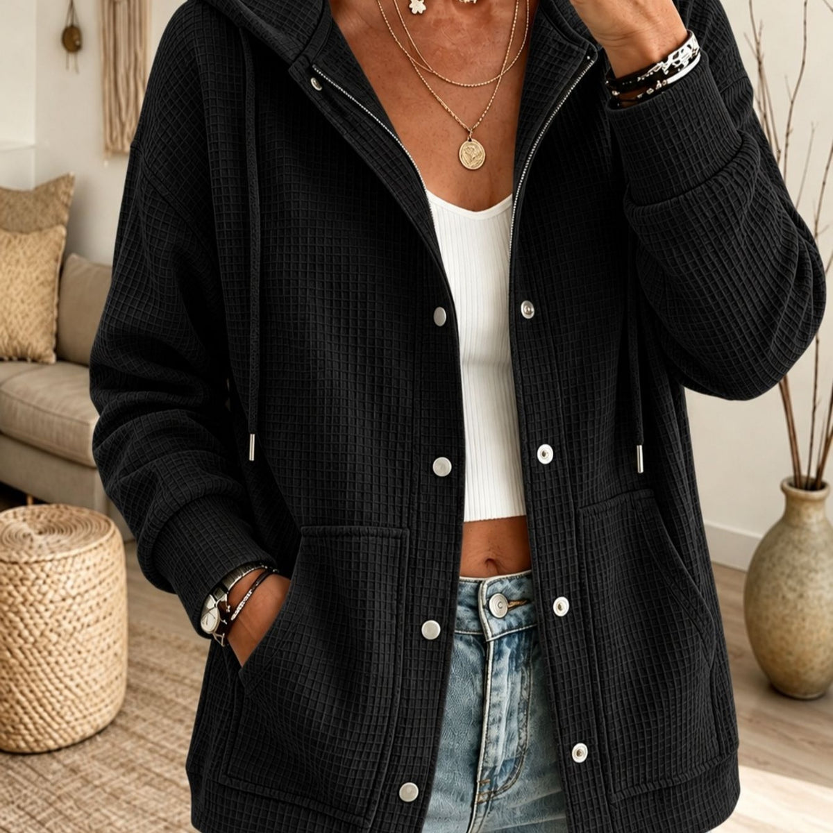 Cardigan donna con cappuccio e coulisse - Casual e confortevole