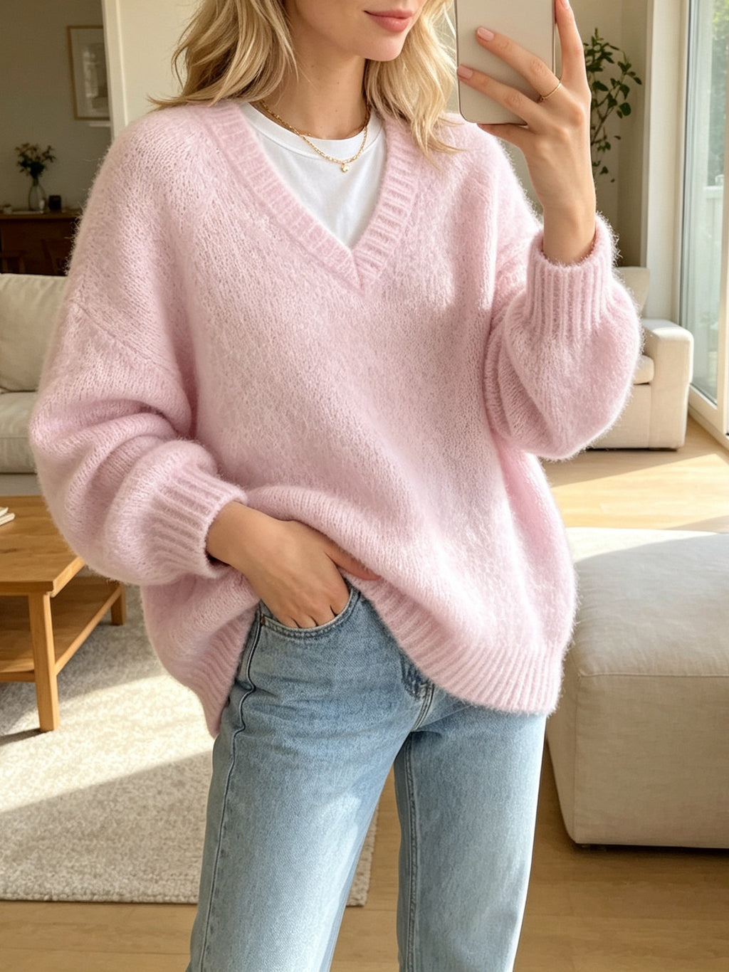 Pull femme ample à col V - Doux et décontracté