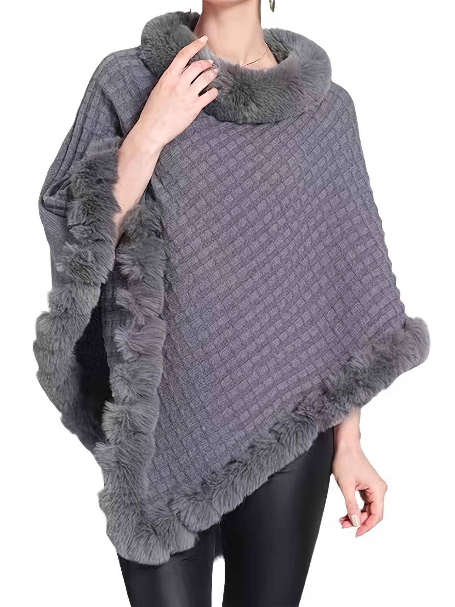 Elegante poncho lavorato a maglia da donna con bordo in pelliccia – Morbido mantello invernale in acrilico
