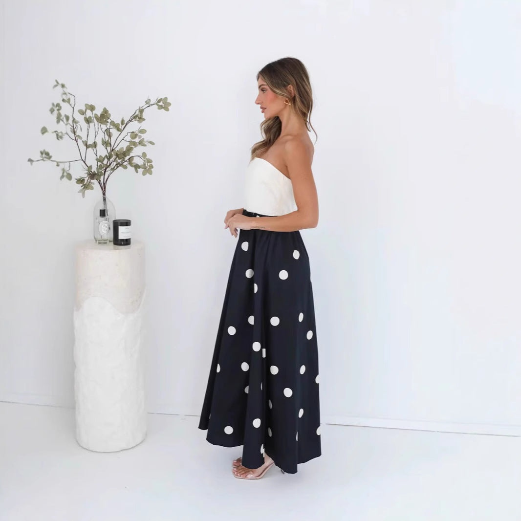 Abito lungo patchwork a pois da donna – Elegante abito tubino a trapezio