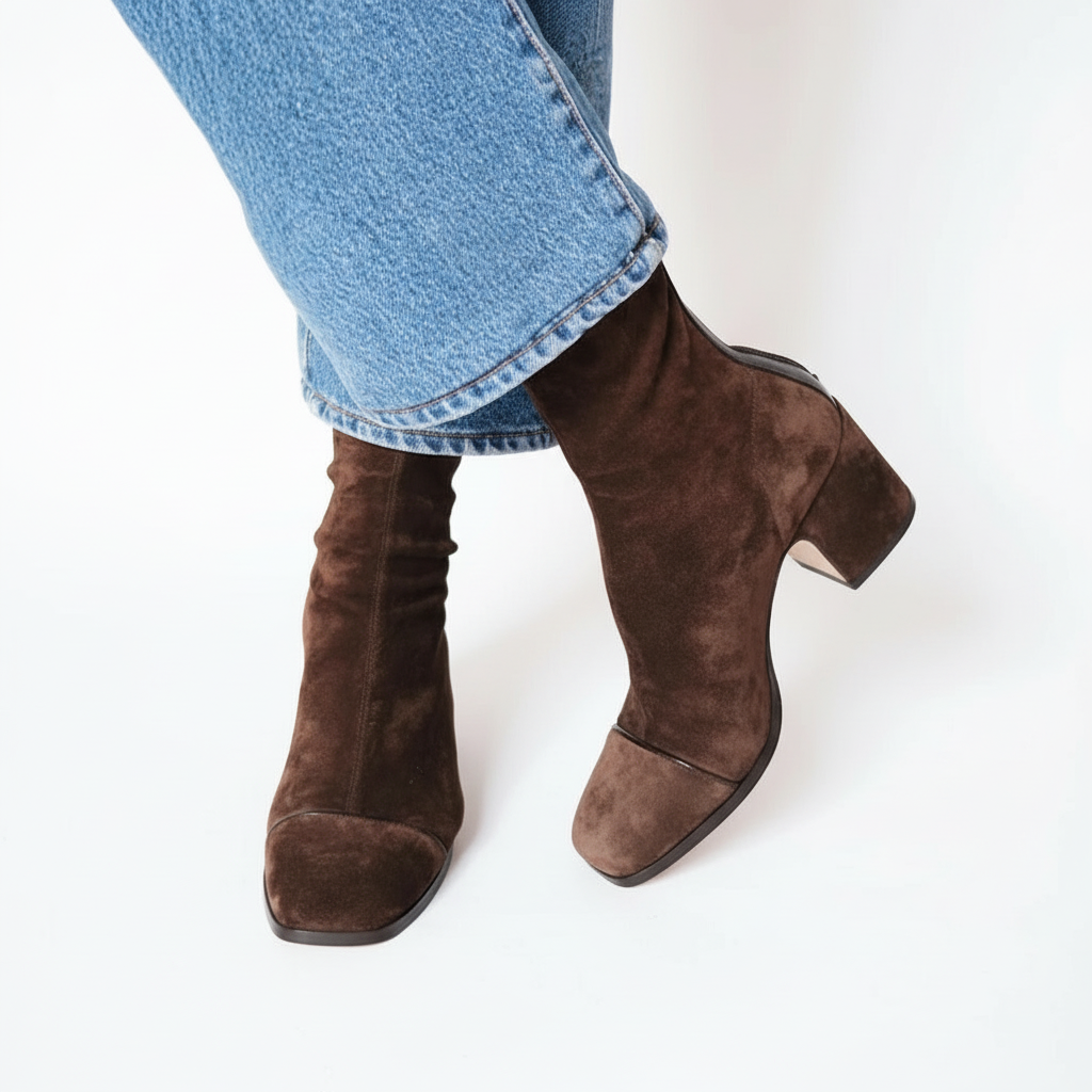 Stivaletti da donna con punta quadrata in pelle scamosciata – Tacco largo chic ed elegante