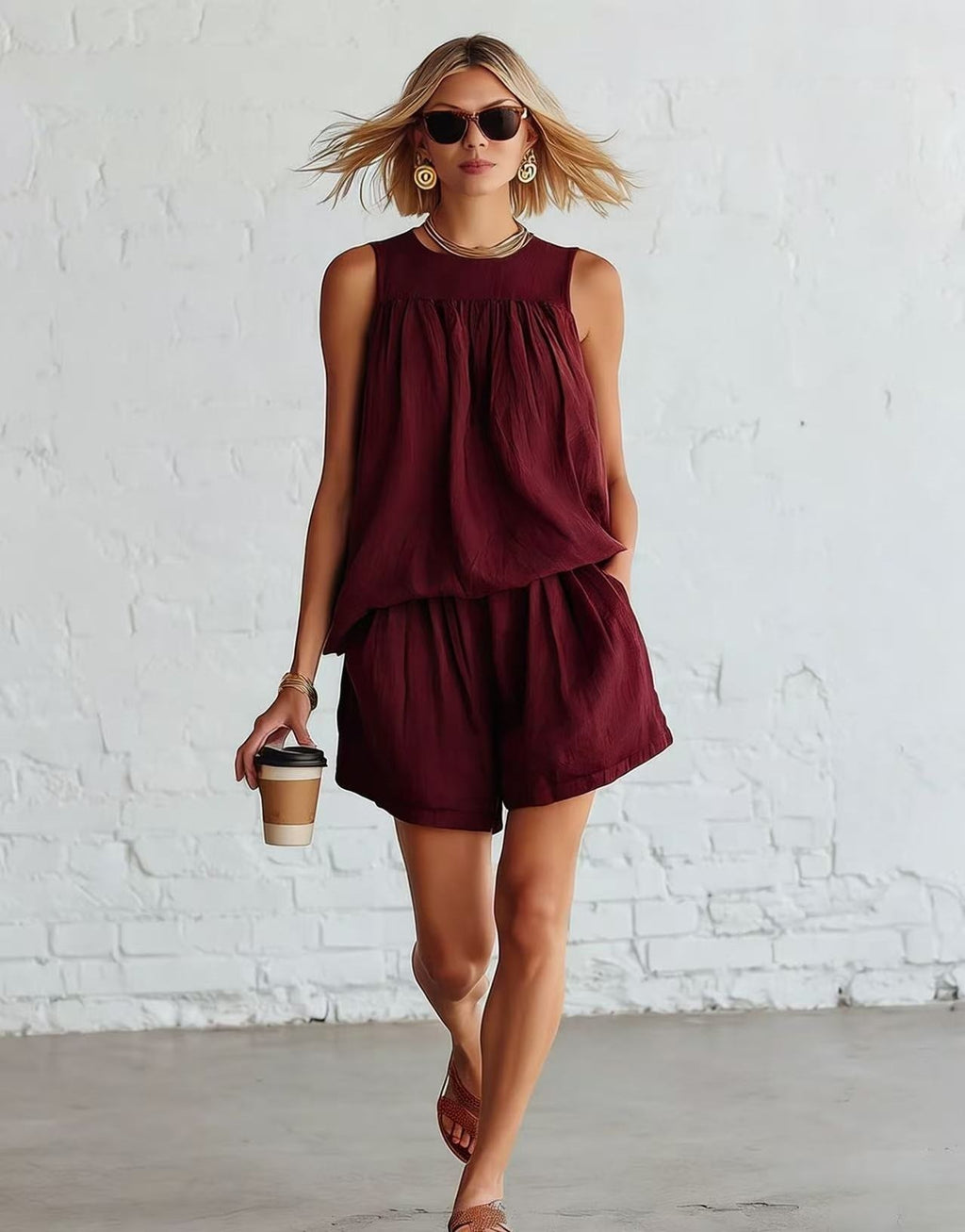 Set donna retro con top plissettato senza maniche e short ampi - Elegante ed estivo