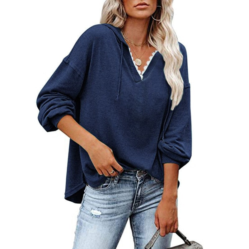 Felpa donna con cappuccio, pizzo e scollo a V a maniche lunghe