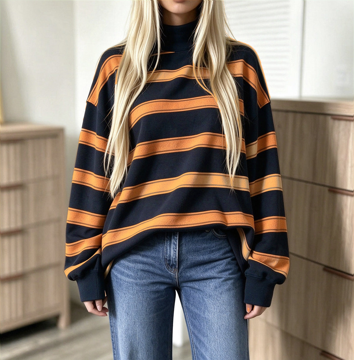 Sweat-shirt femme à rayures imprimées – Décontracté et tendance