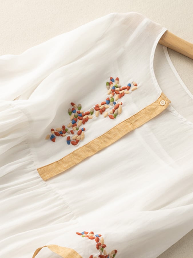 Donna Leggero Elegante Ricamato Cotone Lino Abito – Traspirante, Comoda