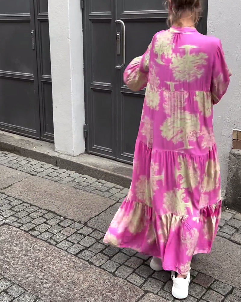 Elegante abito lungo stampato da donna – vestibilità ampia con maniche arricciate