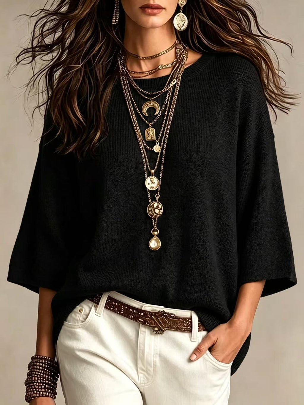 Maglione ampio da donna con maniche larghe e girocollo