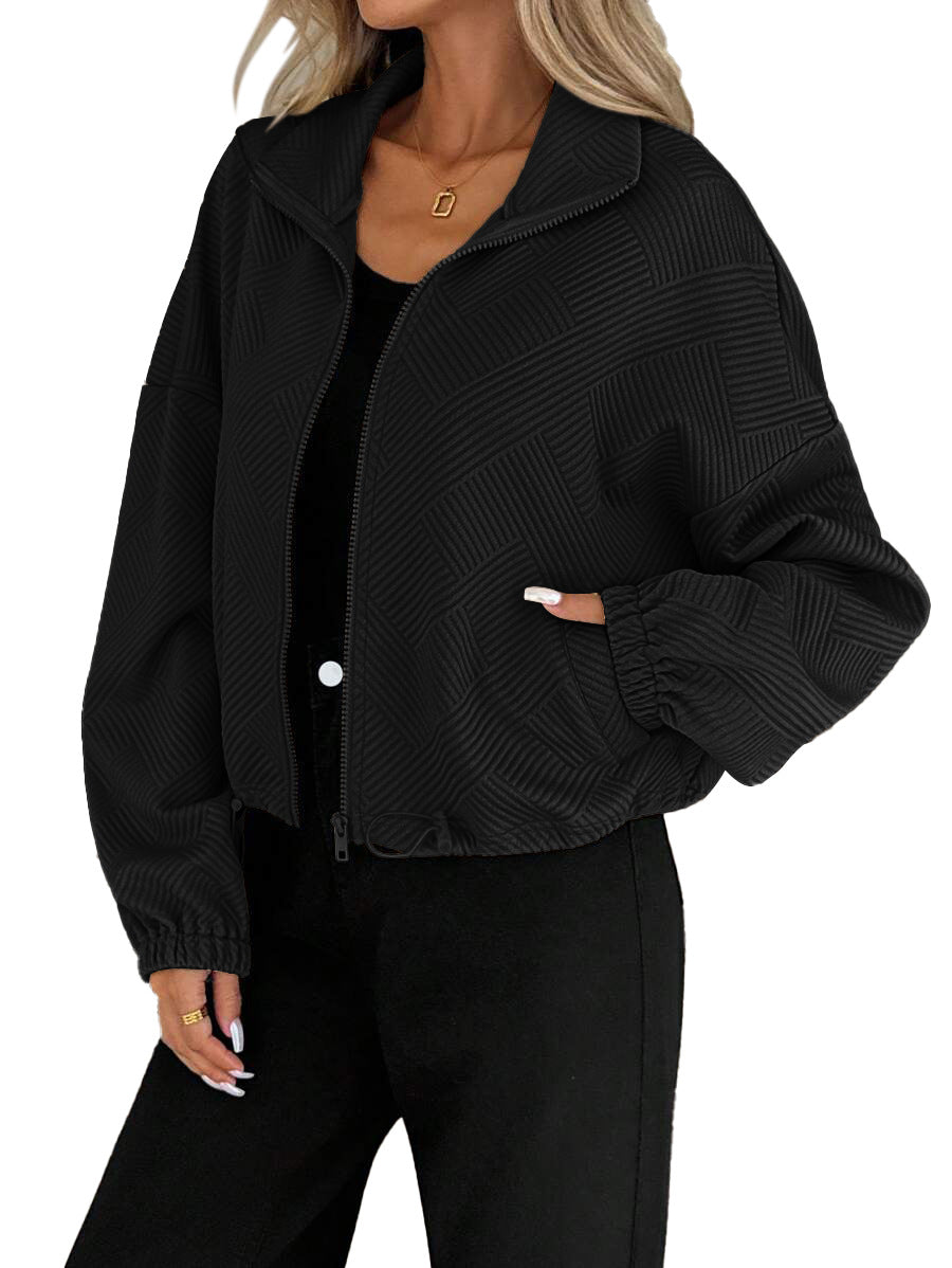 Giacca da donna con collo alto e cerniera – Modello casual autunno-inverno dalla vestibilità ampia con orlo regolabile tramite coulisse