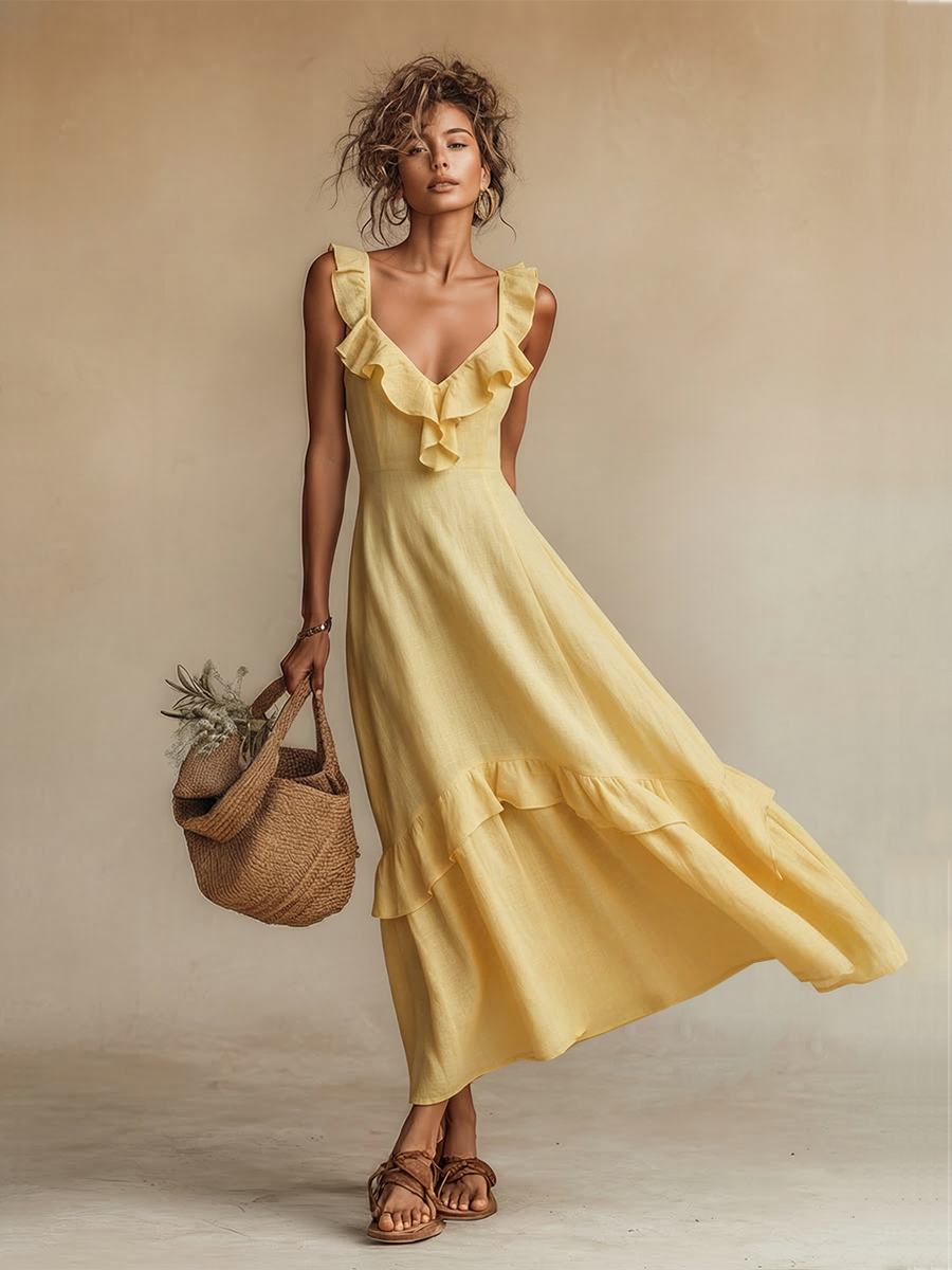 Abito maxi in lino giallo da donna con scollo a V e volant - Boho ed estivo