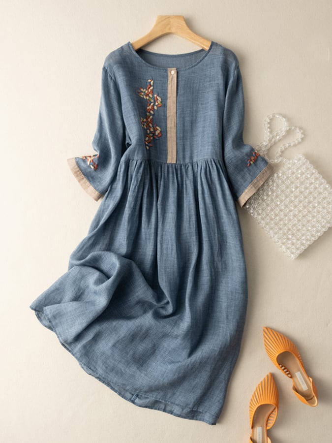 Donna Leggero Elegante Ricamato Cotone Lino Abito – Traspirante, Comoda