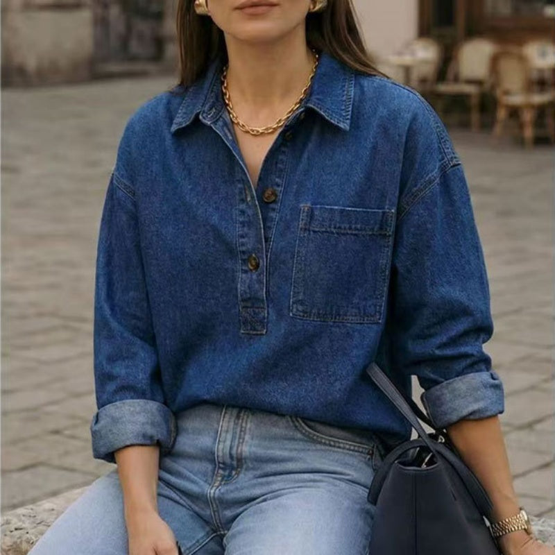 Chemise femme en denim bleu délavé - Vintage et décontractée
