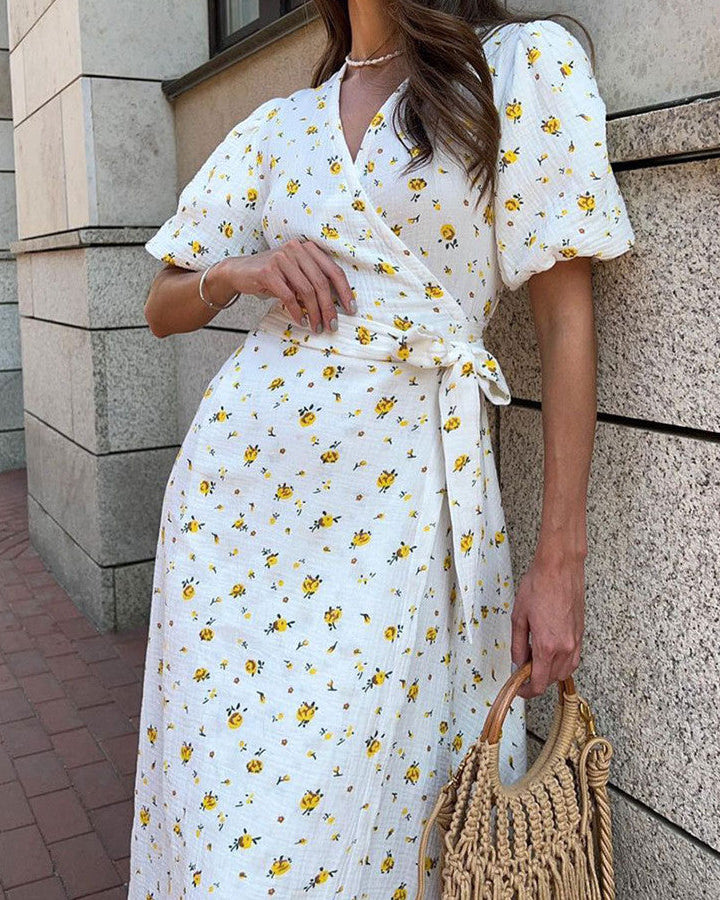 Abito lungo floreale da donna con scollo a V e laccio frontale