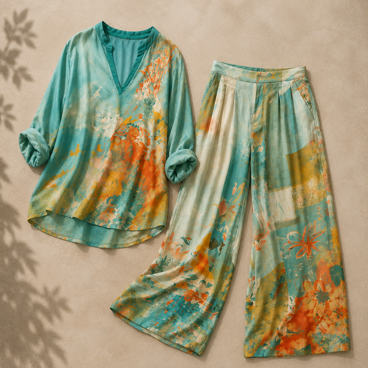 Set elegante da donna con stampa floreale e pantalone ampio - Raffinato e fluido
