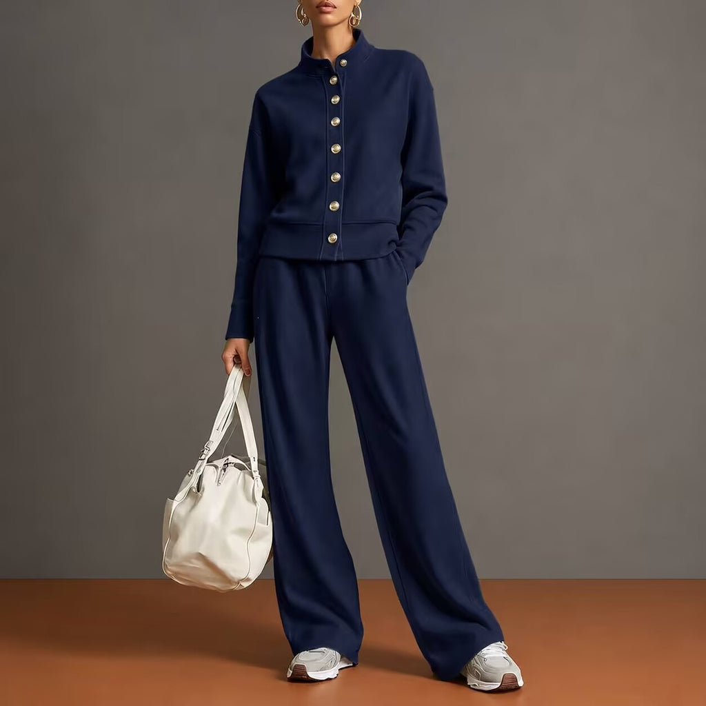 Ensemble cardigan à col montant et pantalon ample - Chic et confortable
