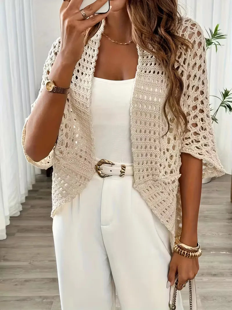 Cardigan Donna all'Uncinetto - Strato in Maglia Traforata Beige Chiaro