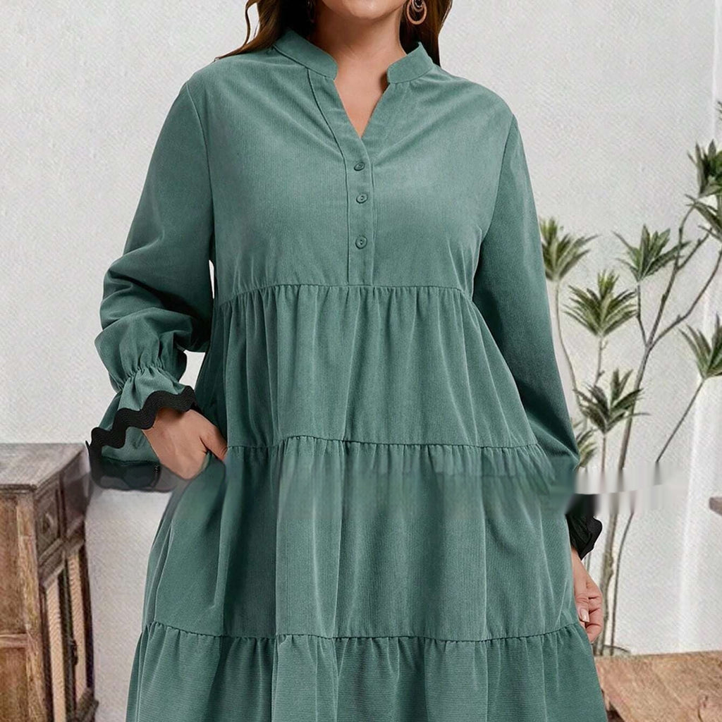 Abito midi donna scollo a V con inserti e maniche lunghe