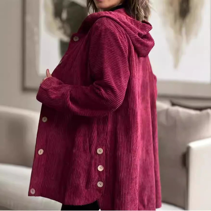 Elegante giacca con cappuccio in velluto a coste da donna – Maglione casual abbottonato di media lunghezza