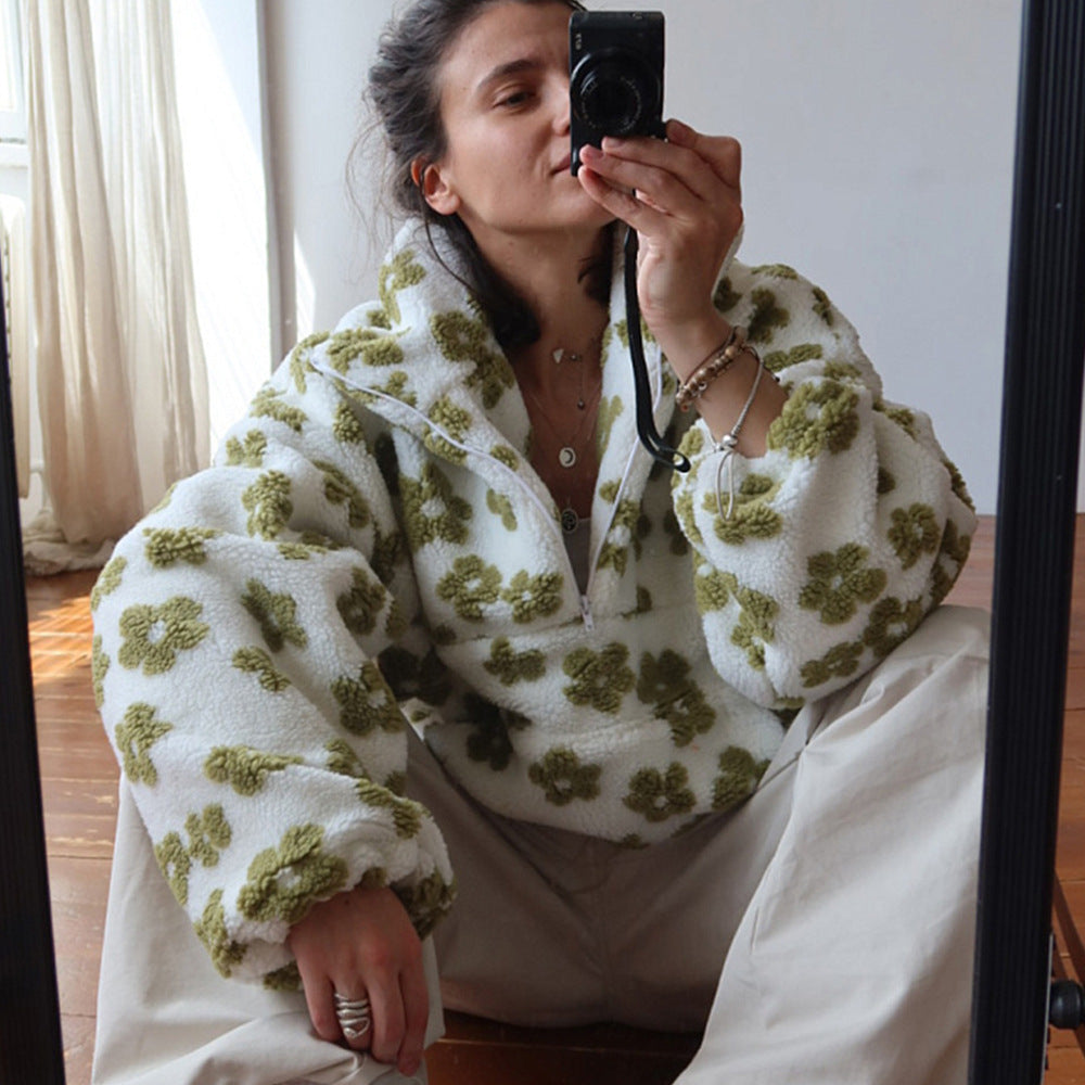 Felpa in pile da donna – Pullover casual con cerniera e tasca