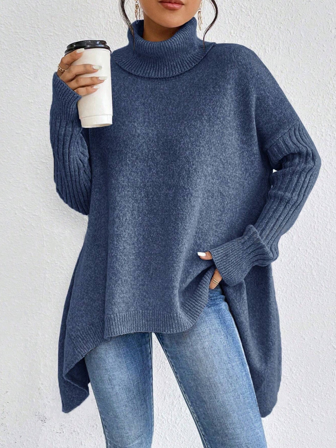 Maglione dolcevita irregolare da donna – Pullover a maniche lunghe in maglia larga