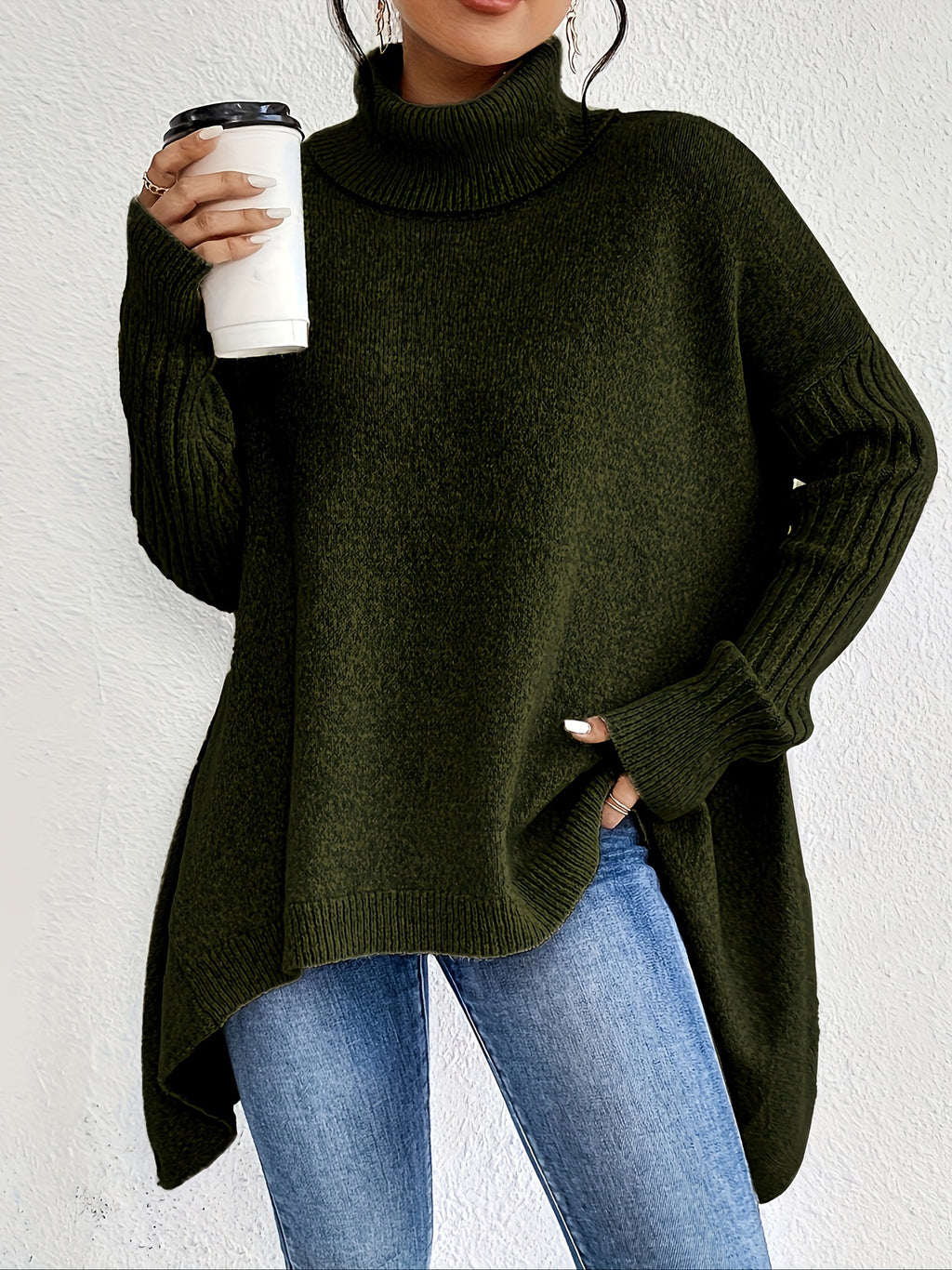 Maglione dolcevita irregolare da donna – Pullover a maniche lunghe in maglia larga