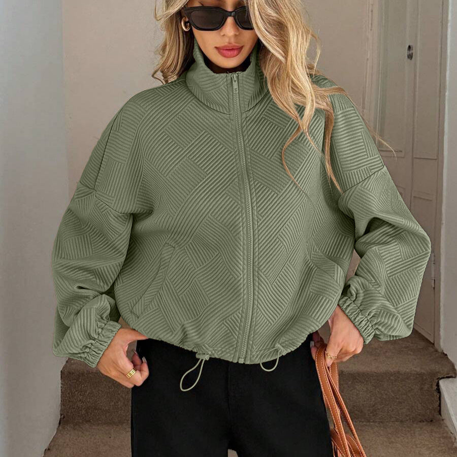 Giacca da donna con collo alto e cerniera – Modello casual autunno-inverno dalla vestibilità ampia con orlo regolabile tramite coulisse