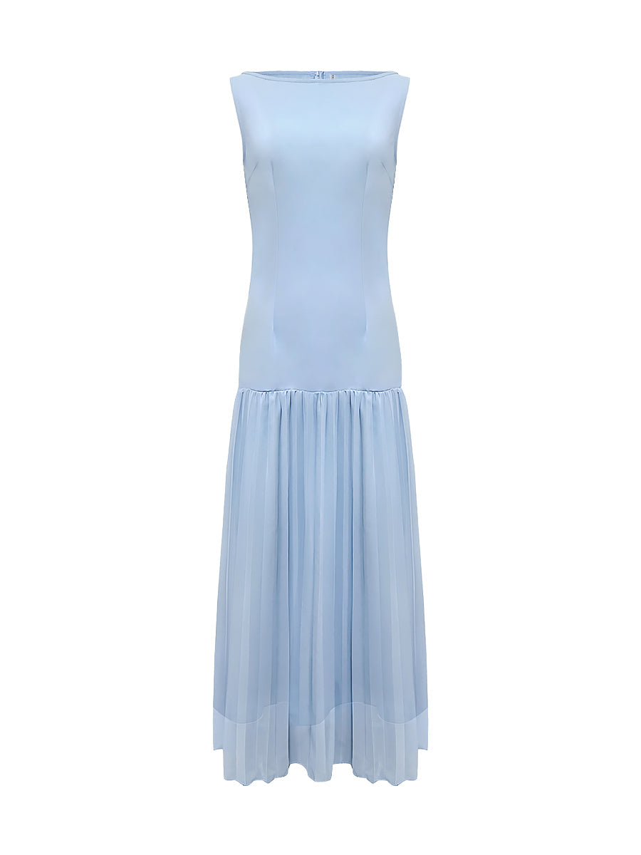 Vestito maxi plissettato da donna con scollo a barca – elegante senza maniche con spacco