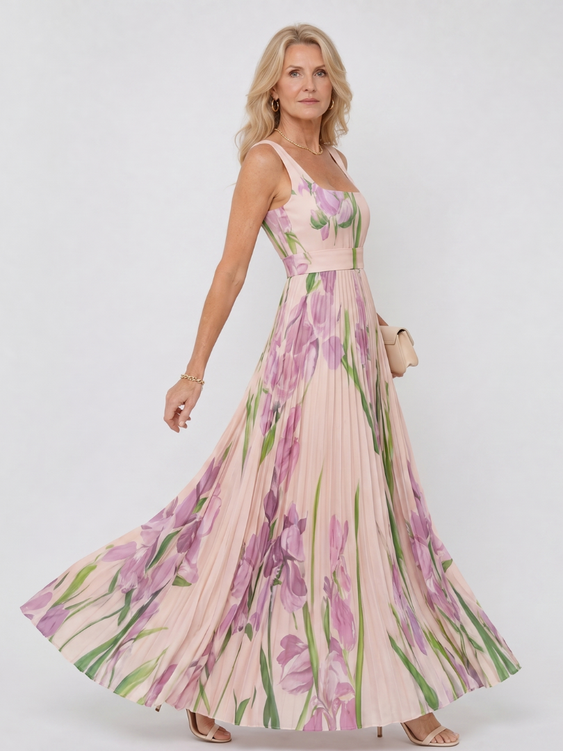 Abito midi plissettato da donna senza maniche con scollo quadrato - Elegante ed estivo