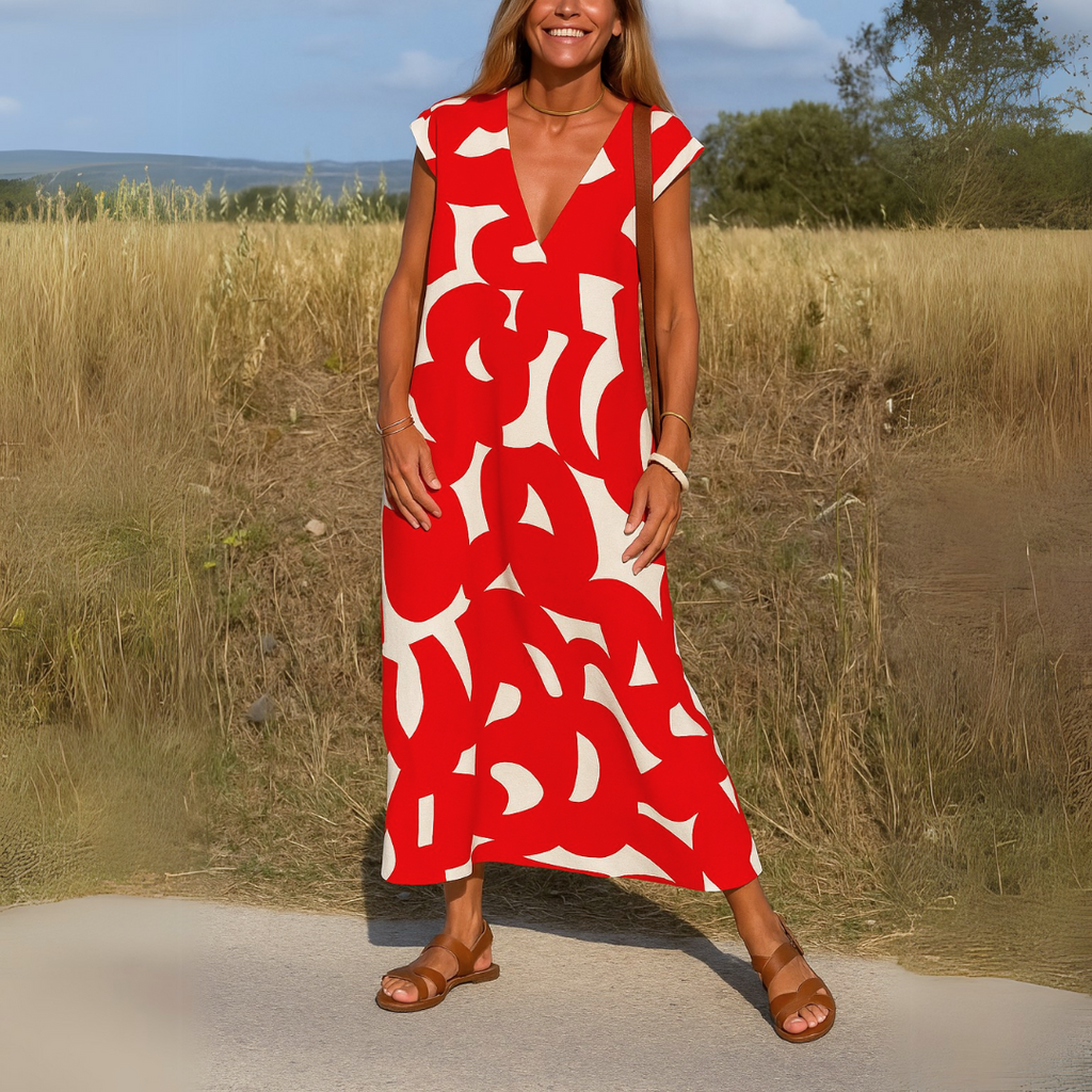 Abito midi Shaira con stampa geometrica bianco nero e scollo a V