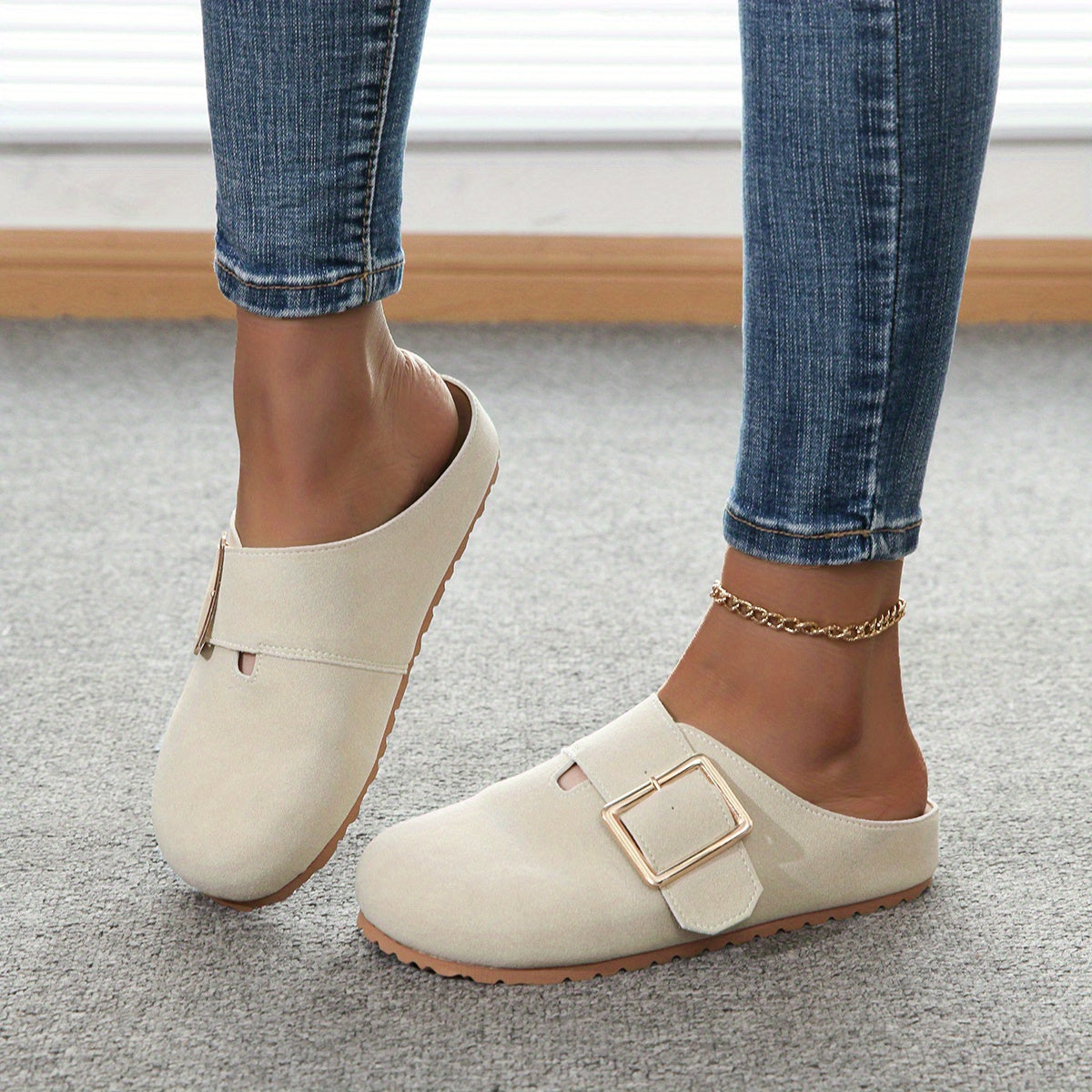 Women's slip-on mules - Comfortable fabric upper with metal buckle strap, soft PU insole, and durable PVC sole - Casual shoes for all seasons, easy to clean, stylish | Guaranteed comfort