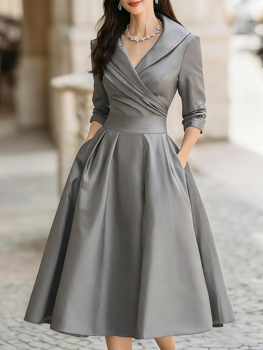 Elegante abito midi a trapezio da donna – Stile plissettato vintage e formale