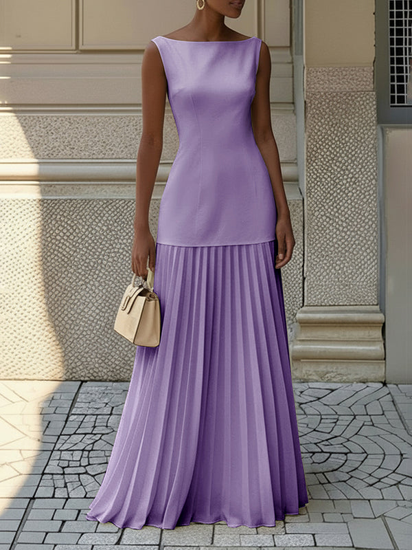 Vestito maxi plissettato da donna con scollo a barca – elegante senza maniche con spacco