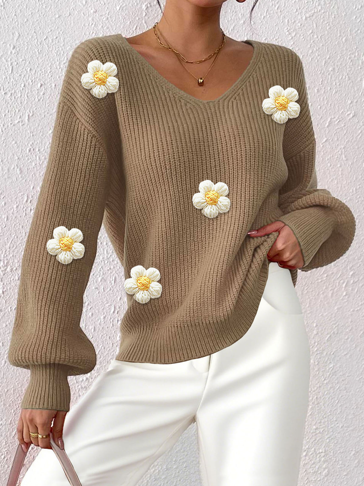 Blomstret patchwork-striktrøje til kvinder - Tekstureret og elegant