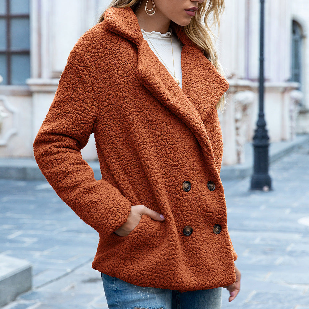 Women's soft faux fur teddy jacket, short cut, buttons, versatile
