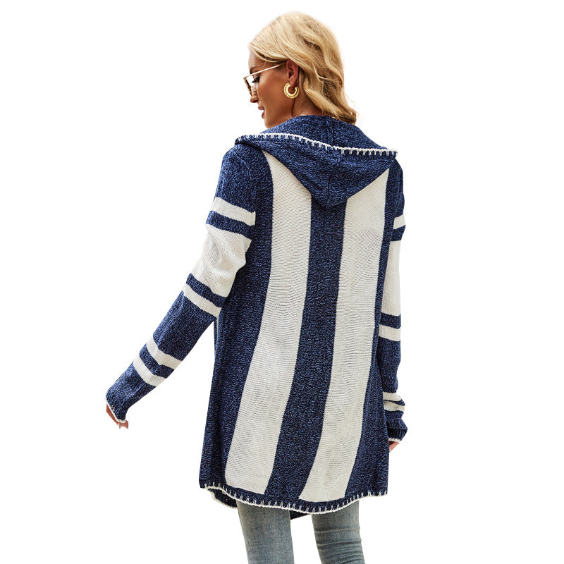 Cardigan donna a righe con cappuccio - Morbido e casual