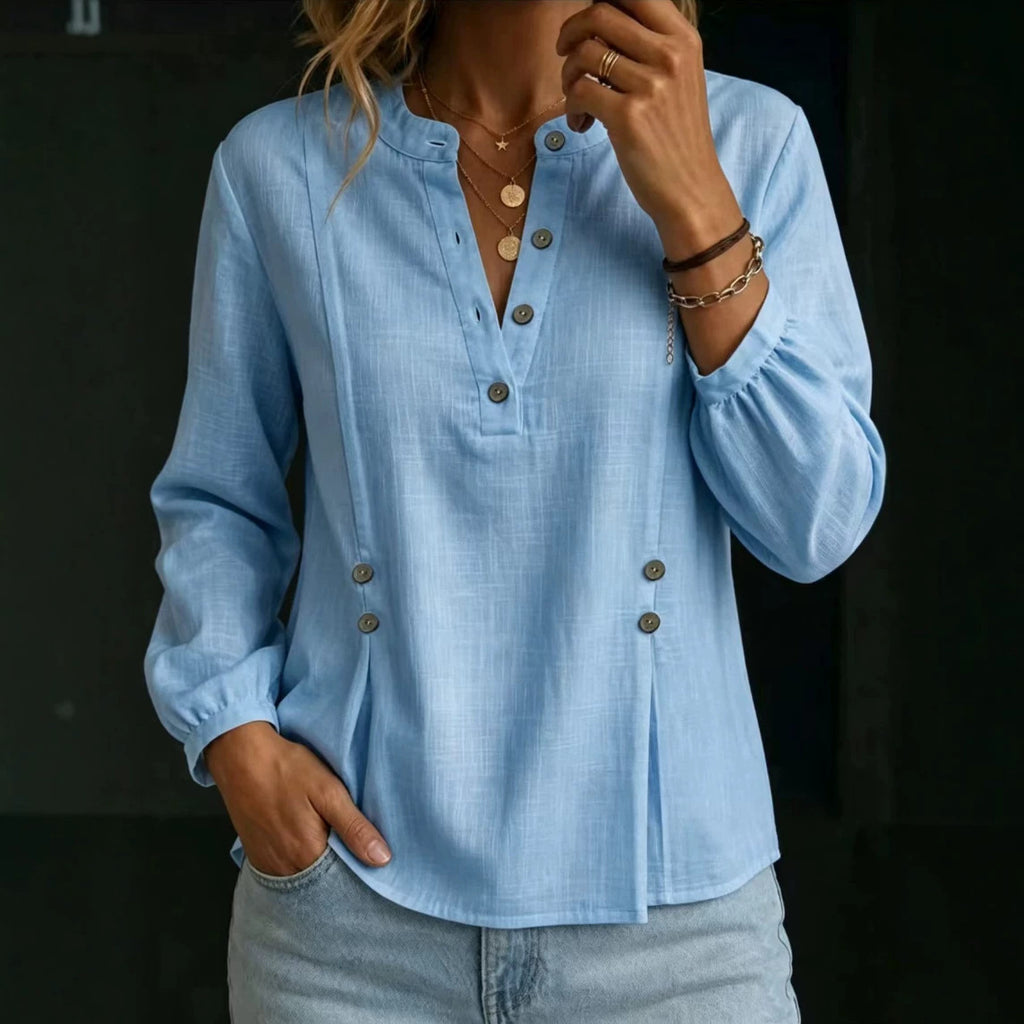 Camicia da donna in cotone e lino con collo alla mandarina – Modello casual estivo a maniche lunghe