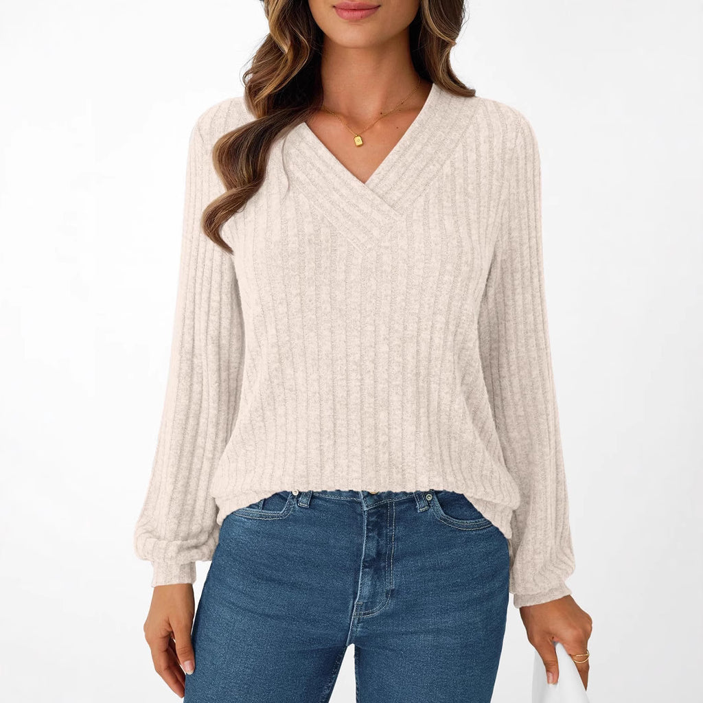 Pull femme côtelé à col en V - Doux et décontracté