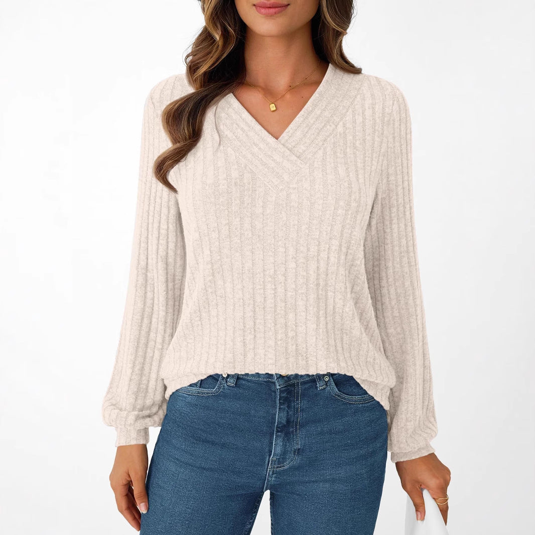 Pull femme côtelé à col en V - Doux et décontracté