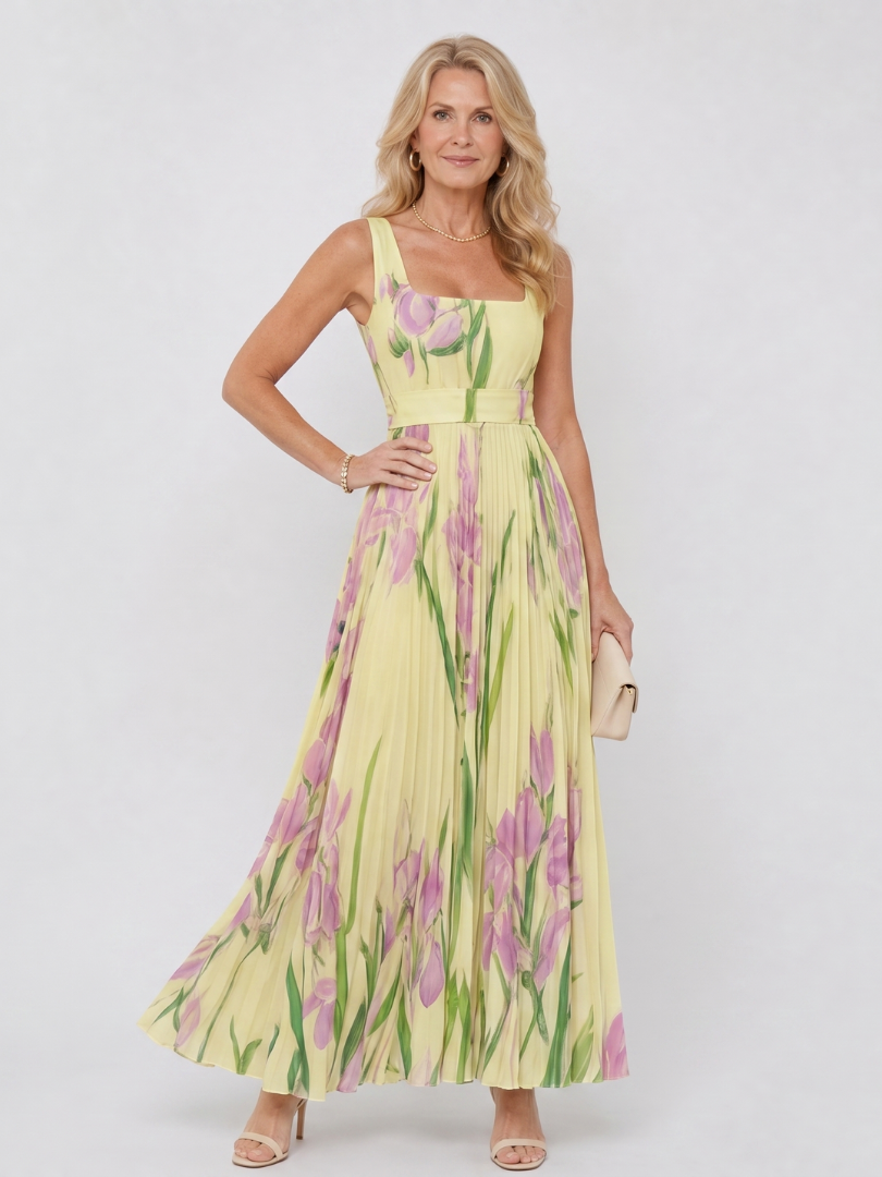Abito midi plissettato da donna senza maniche con scollo quadrato - Elegante ed estivo