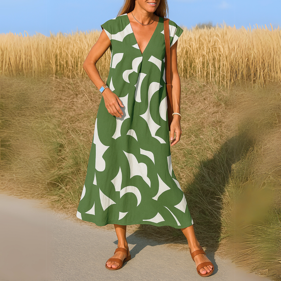 Abito midi Shaira con stampa geometrica bianco nero e scollo a V