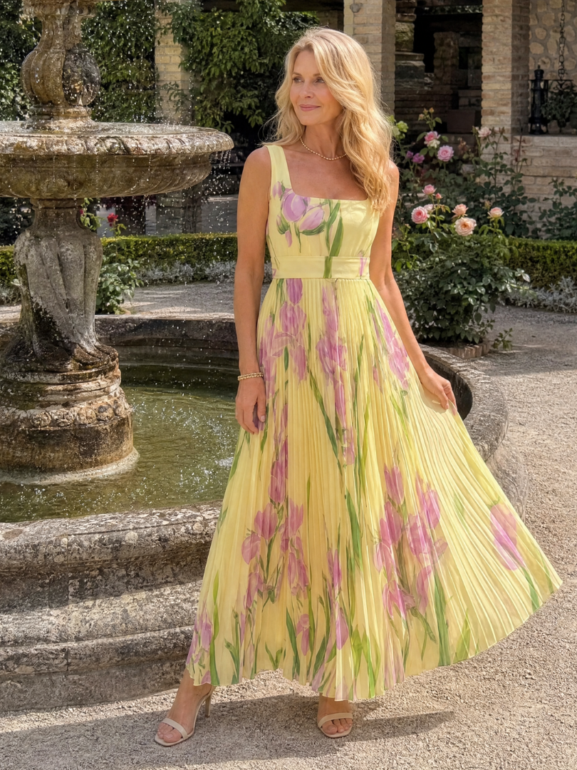 Abito midi plissettato da donna senza maniche con scollo quadrato - Elegante ed estivo
