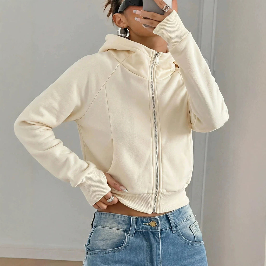 Sweat-shirt court à capuche pour femme, couleur unie – Décontracté et confortable