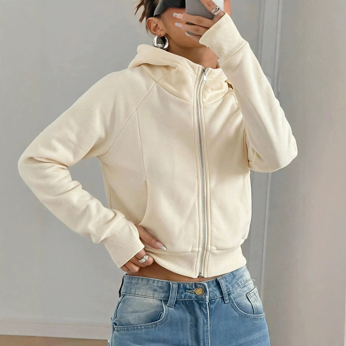 Sweat-shirt court à capuche pour femme, couleur unie – Décontracté et confortable