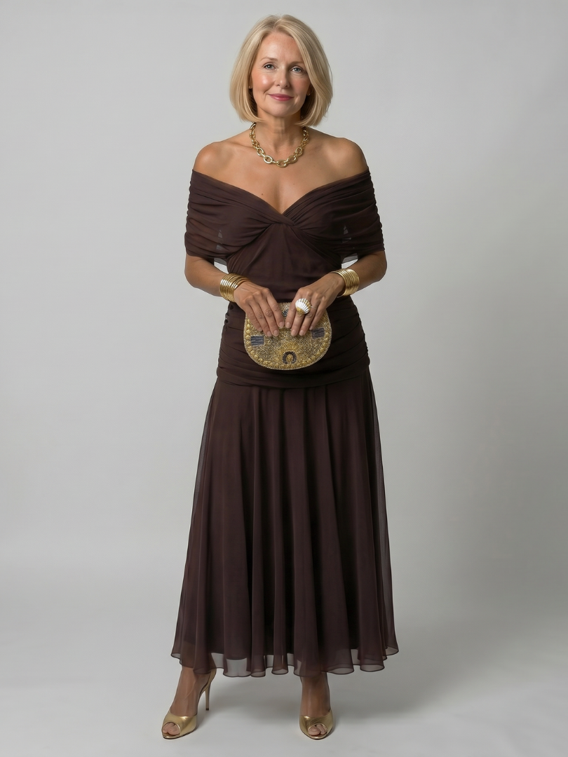 Abito midi da donna con spalle scoperte - Fluido e romantico
