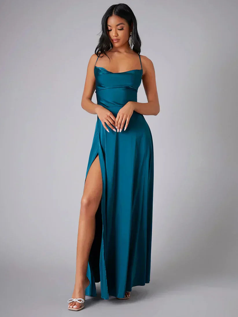 Abito da sera in satin da donna con schiena scoperta e spacco - Elegante e glamour