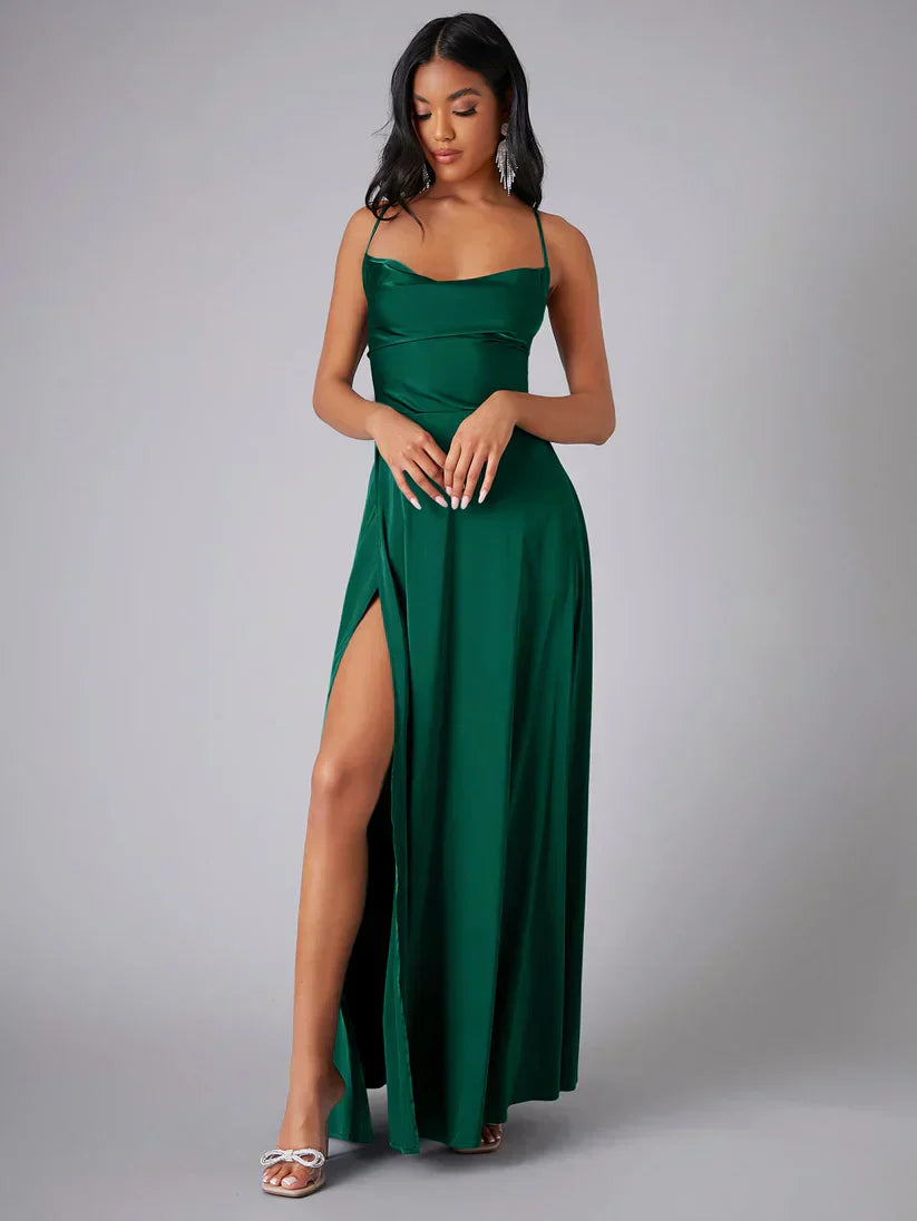 Abito da sera in satin da donna con schiena scoperta e spacco - Elegante e glamour