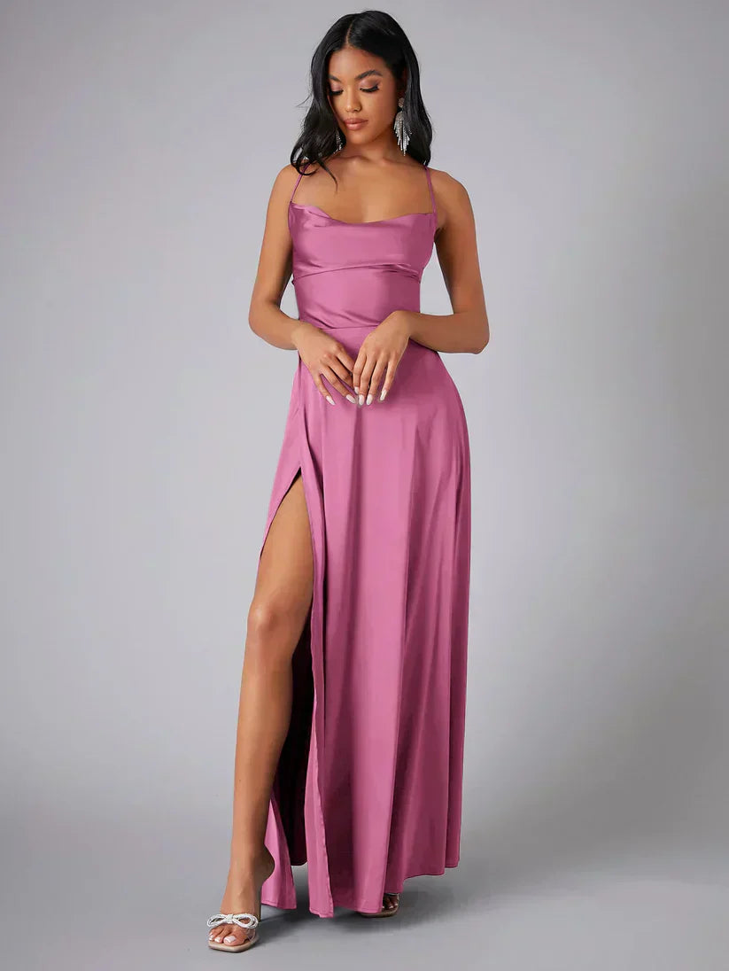 Abito da sera in satin da donna con schiena scoperta e spacco - Elegante e glamour