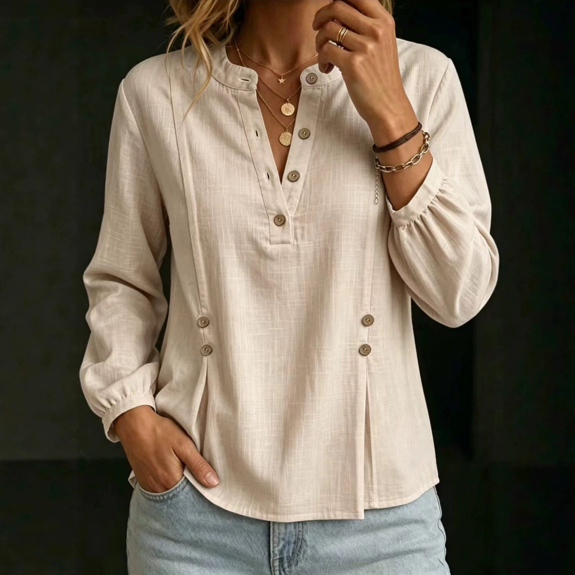 Camicia da donna in cotone e lino con collo alla mandarina – Modello casual estivo a maniche lunghe